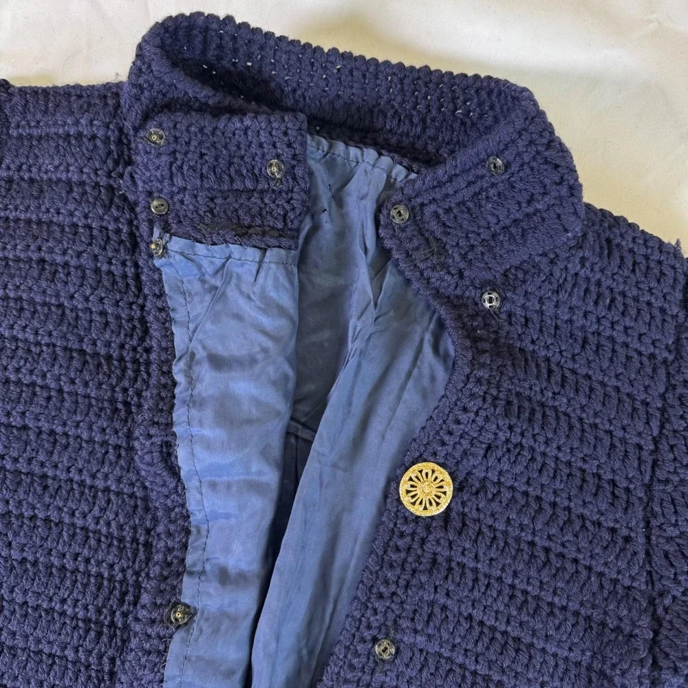 Vintage Hand Knit Navy Blue Coat Women's Small Lined Gold Buttons Artisan
